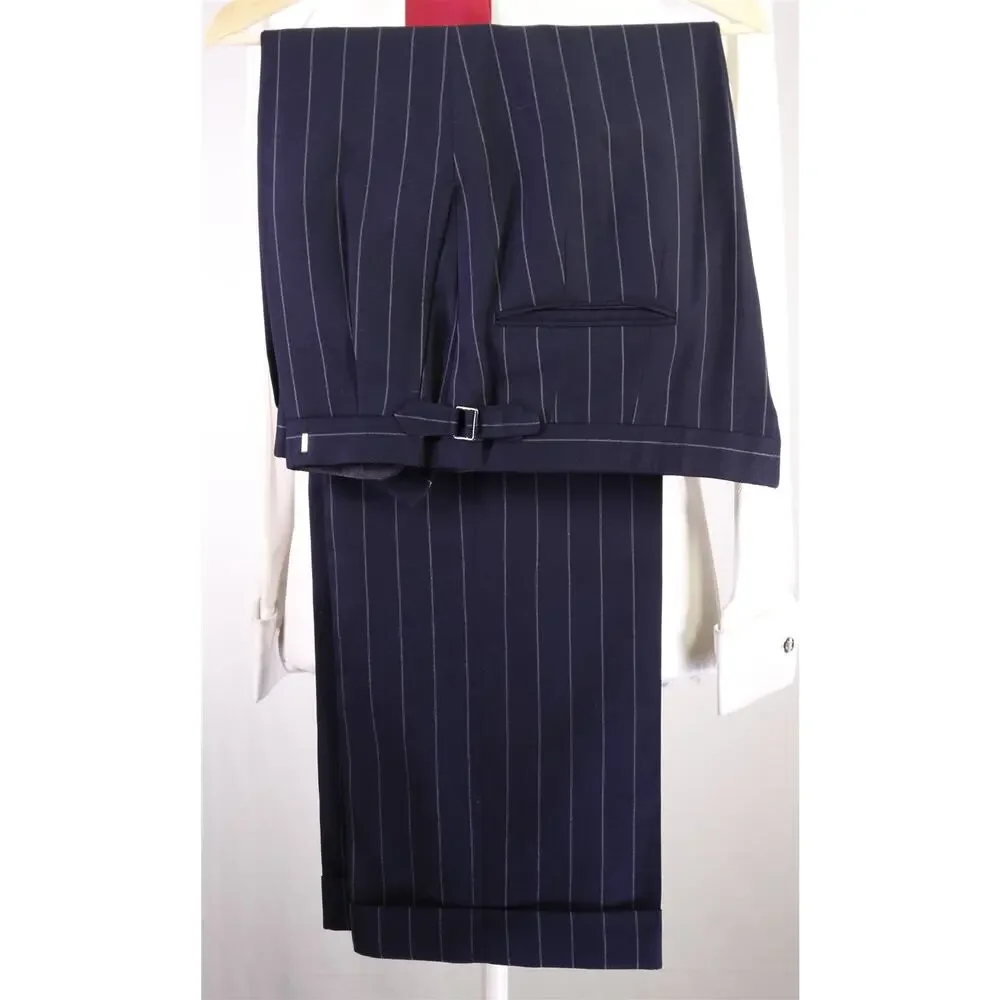 Leonard Logsdail Savile Row Bespoke Navy Blue Chalkstripe 2-Btn Wool Suit 42R